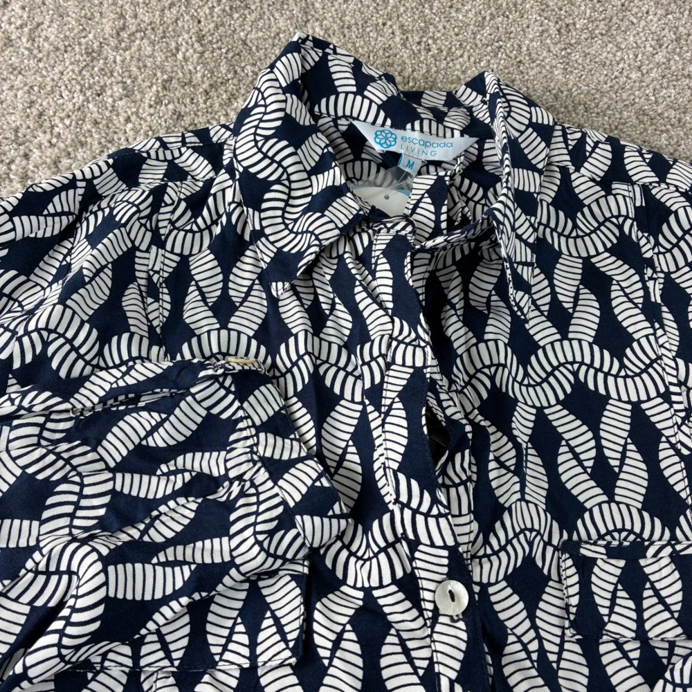 Escapada Living Navy White Print Blouse Button Down‎ Shirt Top Medium Career